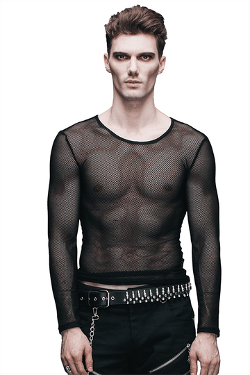 Men's Sexy Gothic Mesh Top: Steampunk O-Neck, Long Sleeves